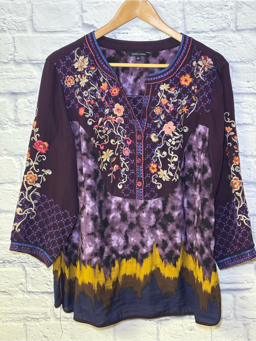 John Mark Floral Embroidered Tie Dye Tunic Blouse Boho 3/4 Sleeve Y-Neck Large